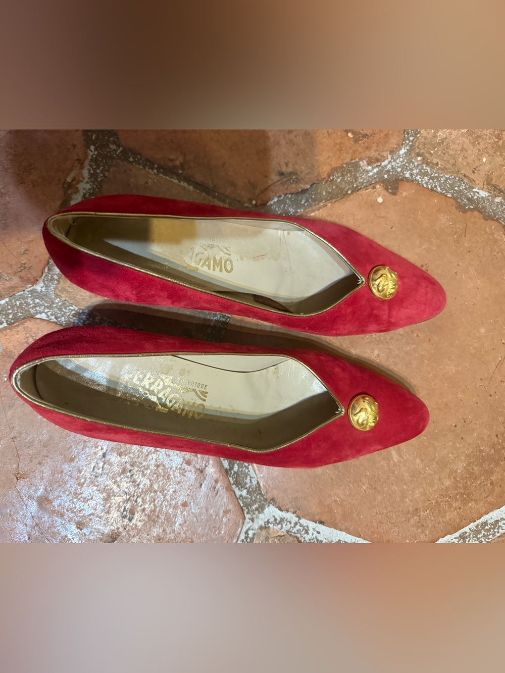 Salvatore Ferragamo Red Suede Pointed Flats with Gold Medallion